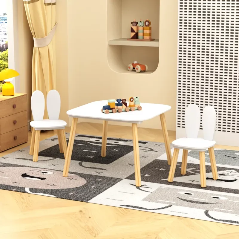 Kids Table and Chair Set Rabbit Theme Solid Wood Legs White Furniture for Children Room Decor
