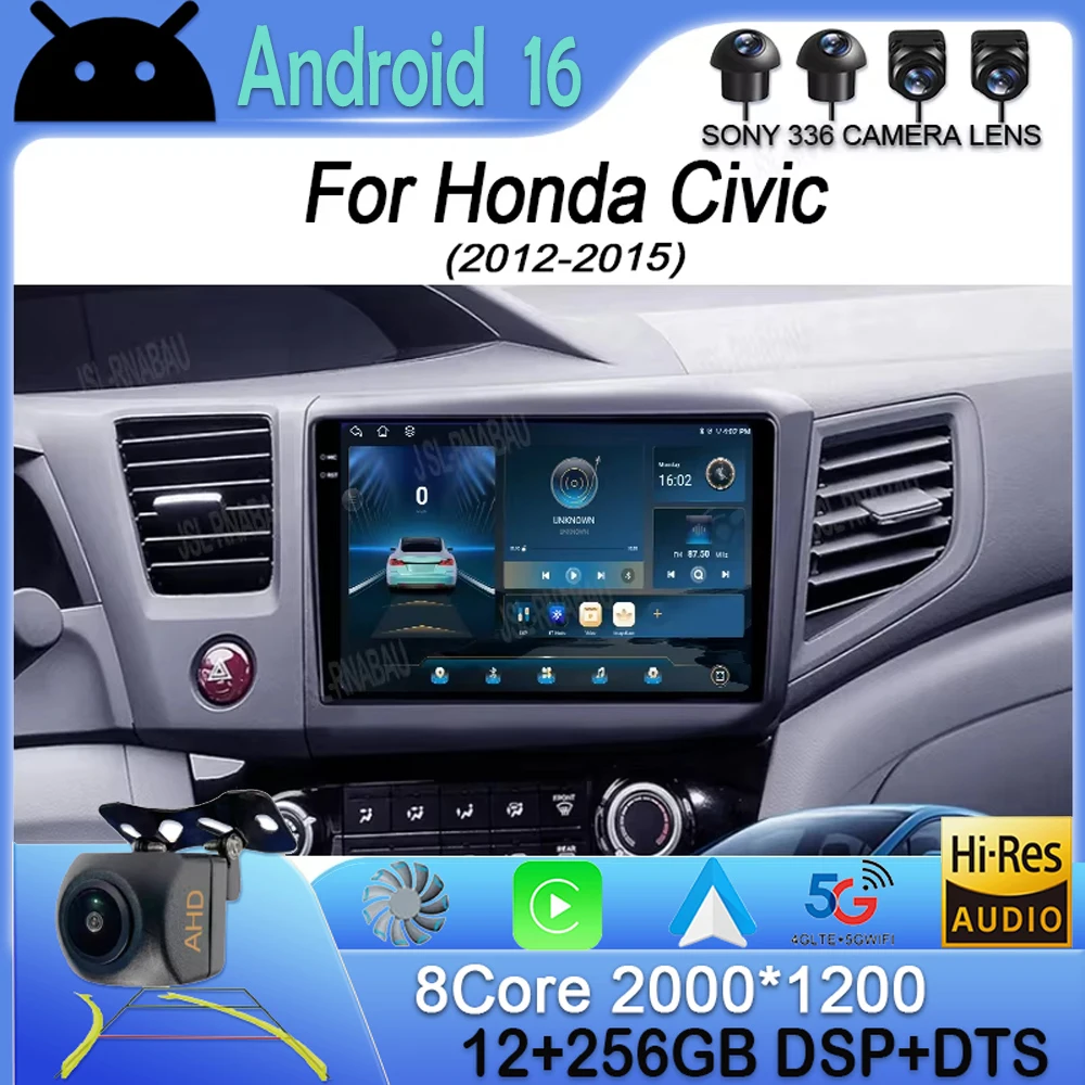 

Android 16 Carplay Auto WIFI+4G Car Radio For Honda Civic 2012 2013 2014 2015 Multimedia Player Stereo GPS Head Unit No DVD 2Din