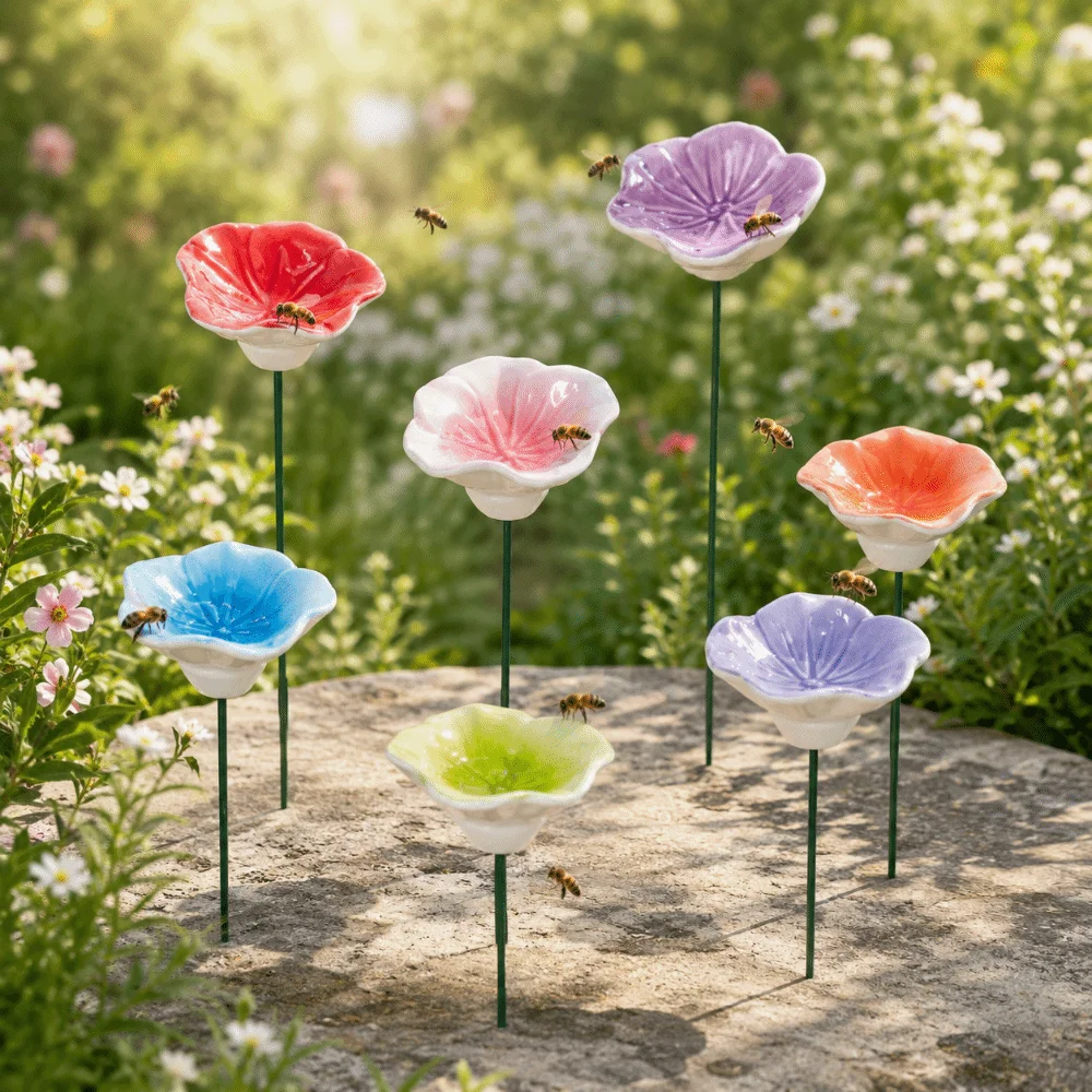 3pcs Flower Shape Bee Watering Station Garden Decoration DIY Insect Drinking Cup Multi-function Ceramic