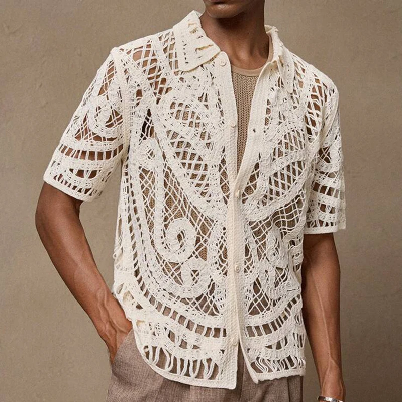 Men's Sexy Hollow Out T Shirt Cardigan Fashion Crochet Knitting Polo Shirt Summer Fashion Short Sleeve Men T-shirt Tops SY0068