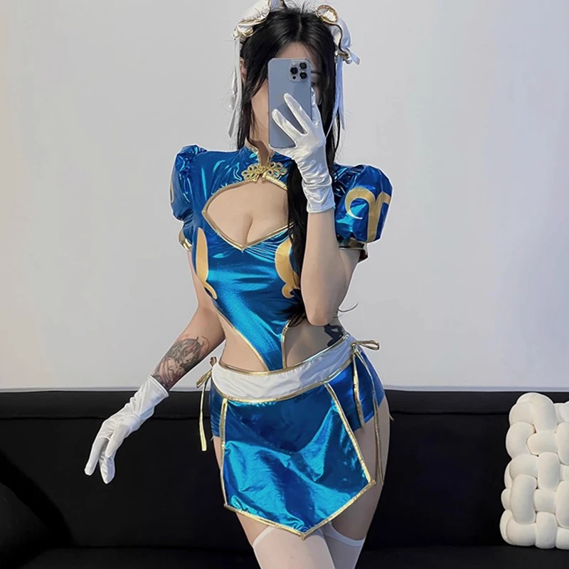 

Games Blue Chun Li Cosplay Costumes Women Sexy Split Cheongsam Dresses Bodysuit Headwear Suit Halloween Carnival Party Clothing