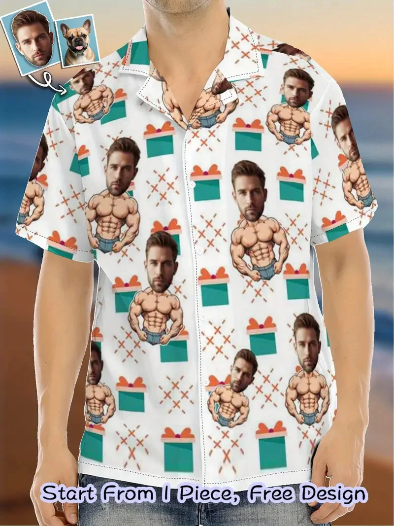 

Рождественская рубашка с индивидуальным лицом, унисекс, забавные персонализированные рубашки на пуговицах с 3D принтом, 202520, рубашки с короткими рукавами и лацканами для рождественской вечеринки, блузки