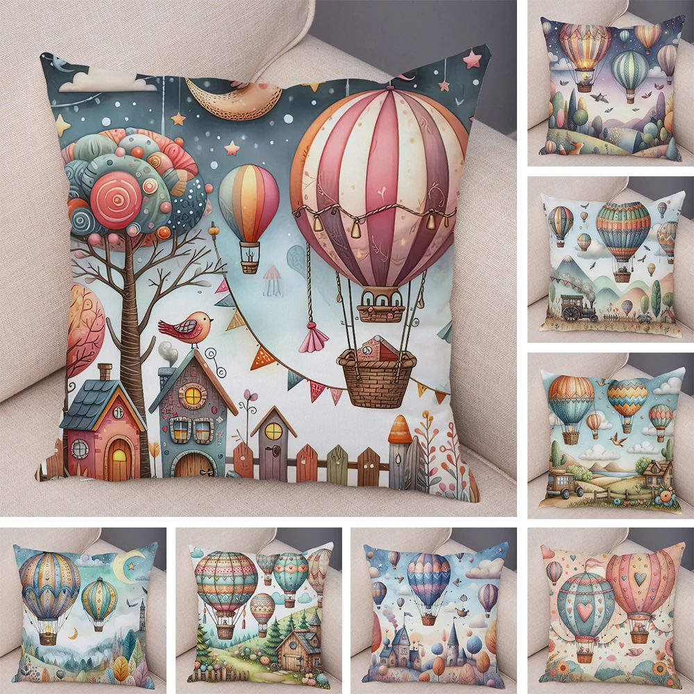 

Cartoon Hot Air Balloon Cushion Cover Soft Plush Double Print Pillow Case Decor Fairy Tale Pillowcase for Sofa Home Child Room