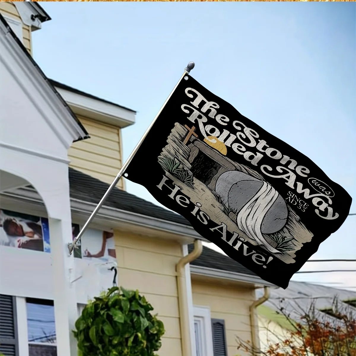 He Is Risen Stone Rolled Away Christian Easter Flag Polyester Banner Since AD 33