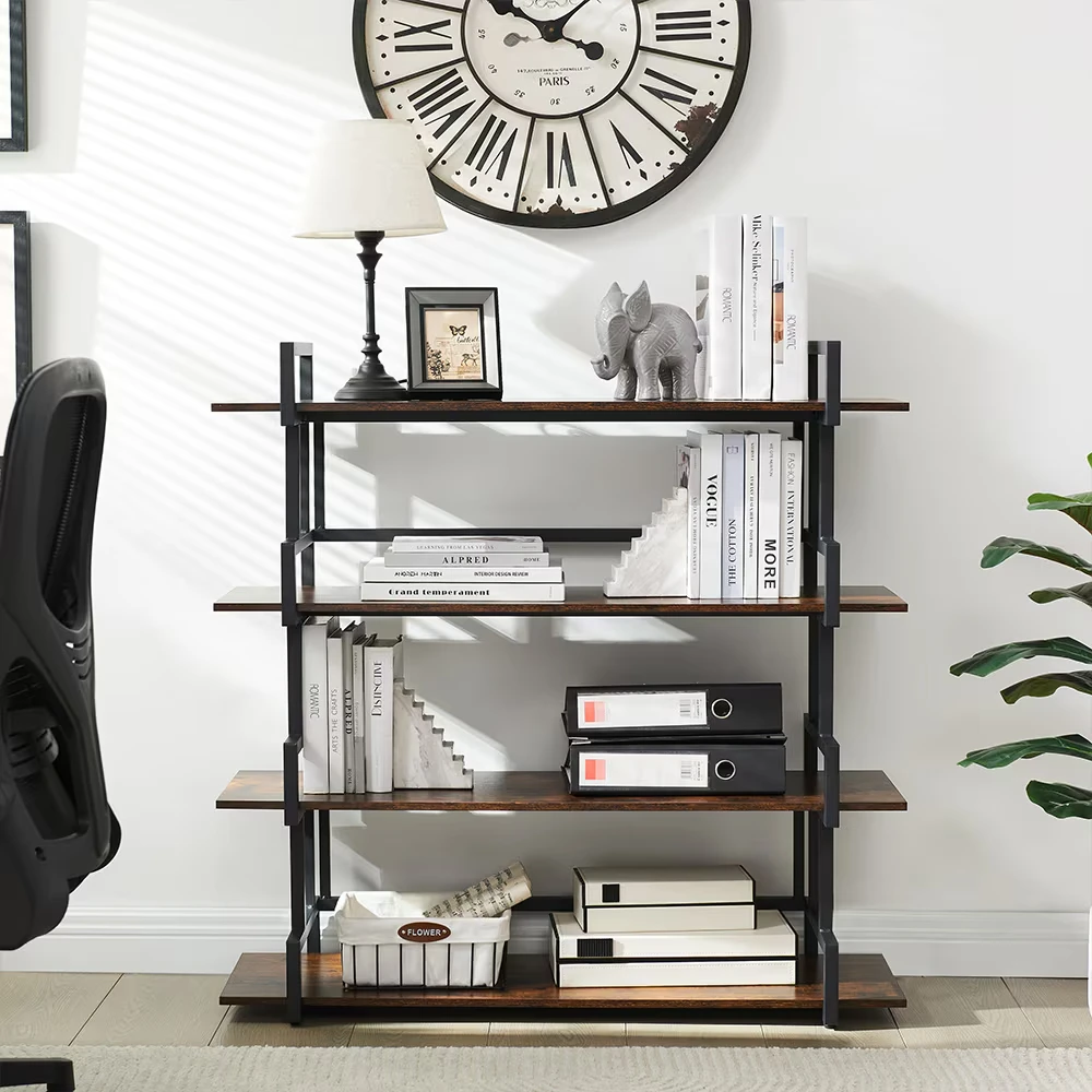 Open Bookshelf Metal Wood Industrial 4 Storey Widescreen Storage Bookshelf Bedroom Living Room Study Display Rack