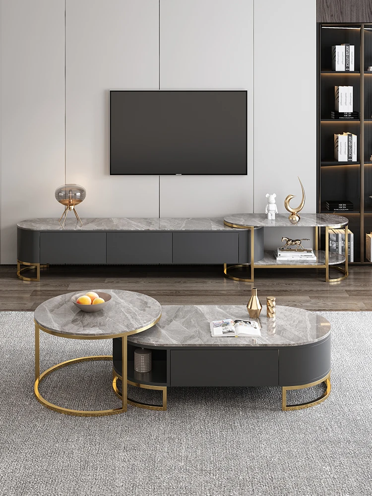 Italian luxury stainless steel TV cabinet, tea table combination, modern simple and extremely simple, rock slab living room, ret