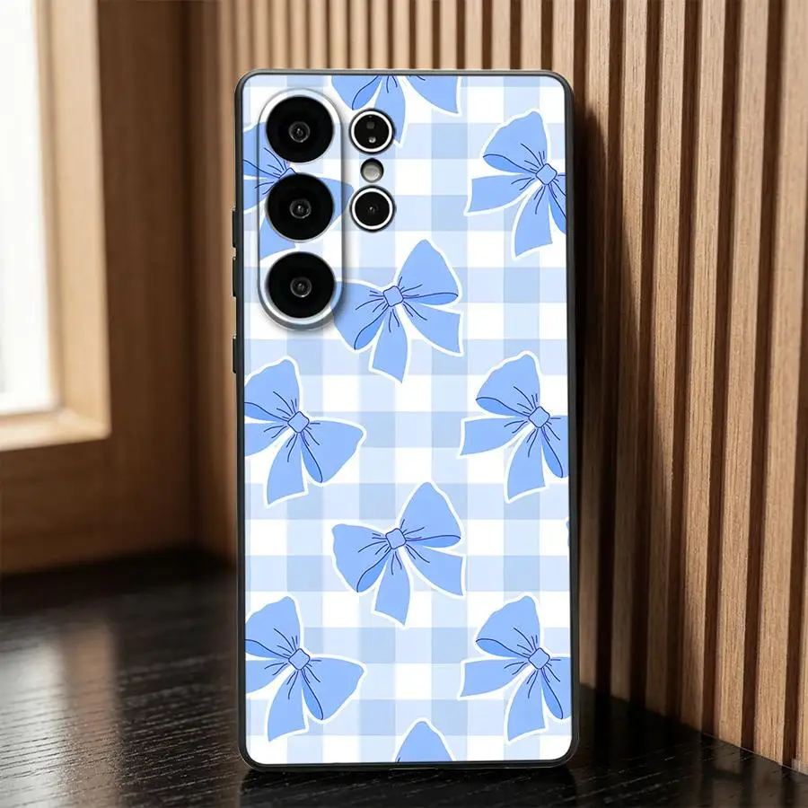 Pastel Blue Gingham Bow Phone Cover Case for Samsung Galaxy S26 Ultra Note 20 8 9 10 S24+ S10 S9 S24 S23 S25 Plus S26+ S20 S21