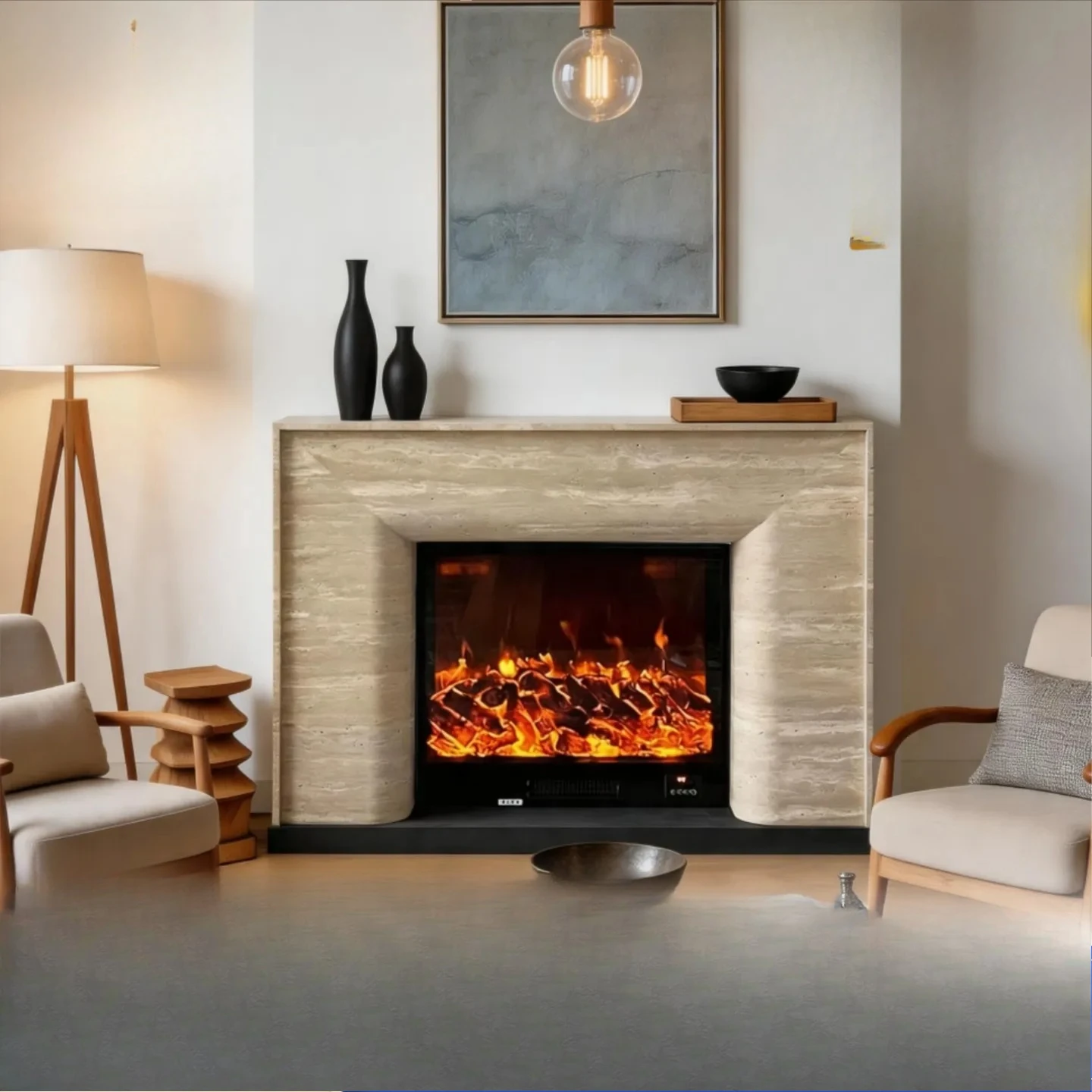 Kang Mulin fireplace decorative cabinet imitation travertine French villa living room electronic simulation flame TV integrated