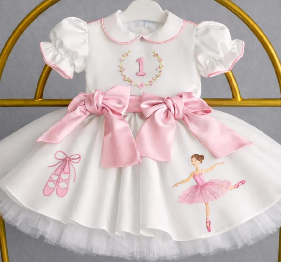 Summer Birthday Party Clothing for Girls, White Vintage Princess Dress Embroidery +Bows Design for Birthday Photography B595