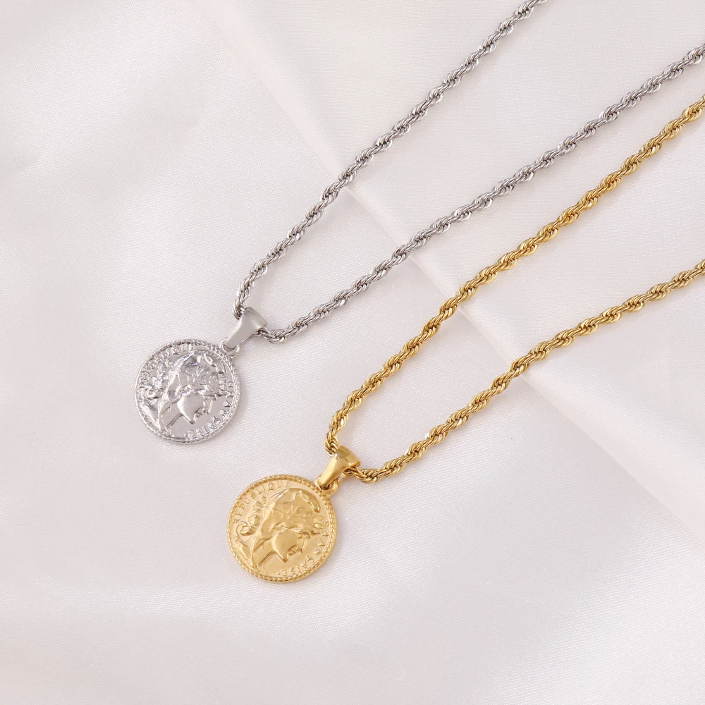316L Stainless Steel Carved Queen Coin Pendant Necklace For Women Fashion Gold Color Chain Necklaces Jewelry