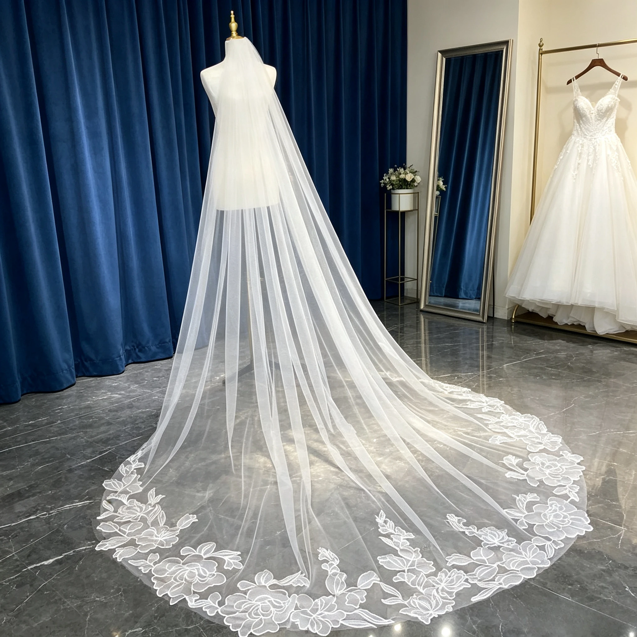 Large Embroidered Organza Flowers Floral Bridal Wedding Veils Cathedral Accessories Ivory Long Unique For Brides Customized