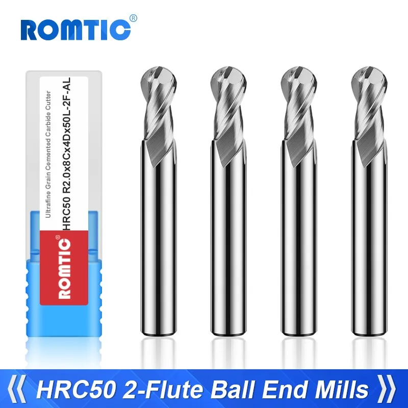 

ROMTIC HRC50 Tungsten Steel Carbide Special For Aluminum 2-Flute Ball Milling Cutter CNC Machinery Maching End Mill Tools