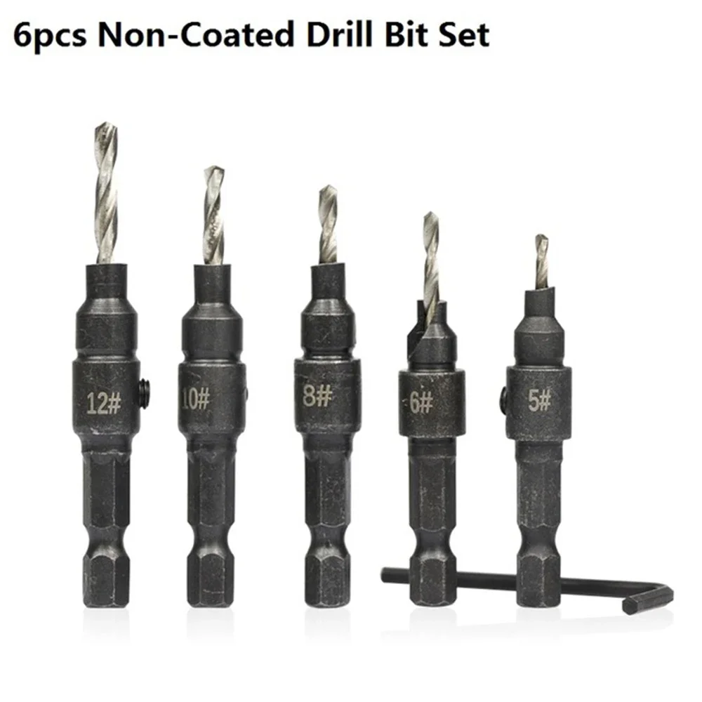 

6Pcs Bench Drill Bit Set Hex Shank Wood Hole Cutter Pilot Holes For Screw Torus # 5