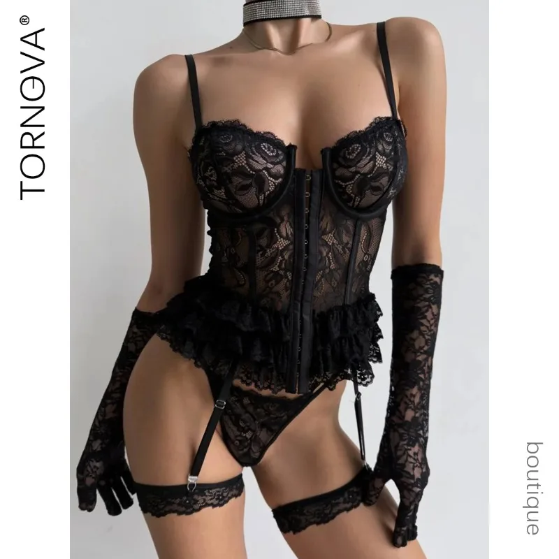 

Tornova Erotic Bodysuit with Leg Rings See-through Steel Bracket Gather Together Backless Lace Seductive Women Hot Underwear Set