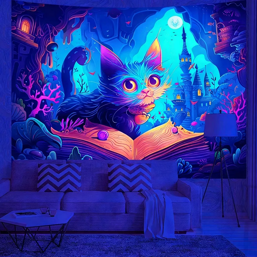 Glowing Cat Themed Tapestries UV reaction tapestry background decoration wall hanging bedroom party decoration