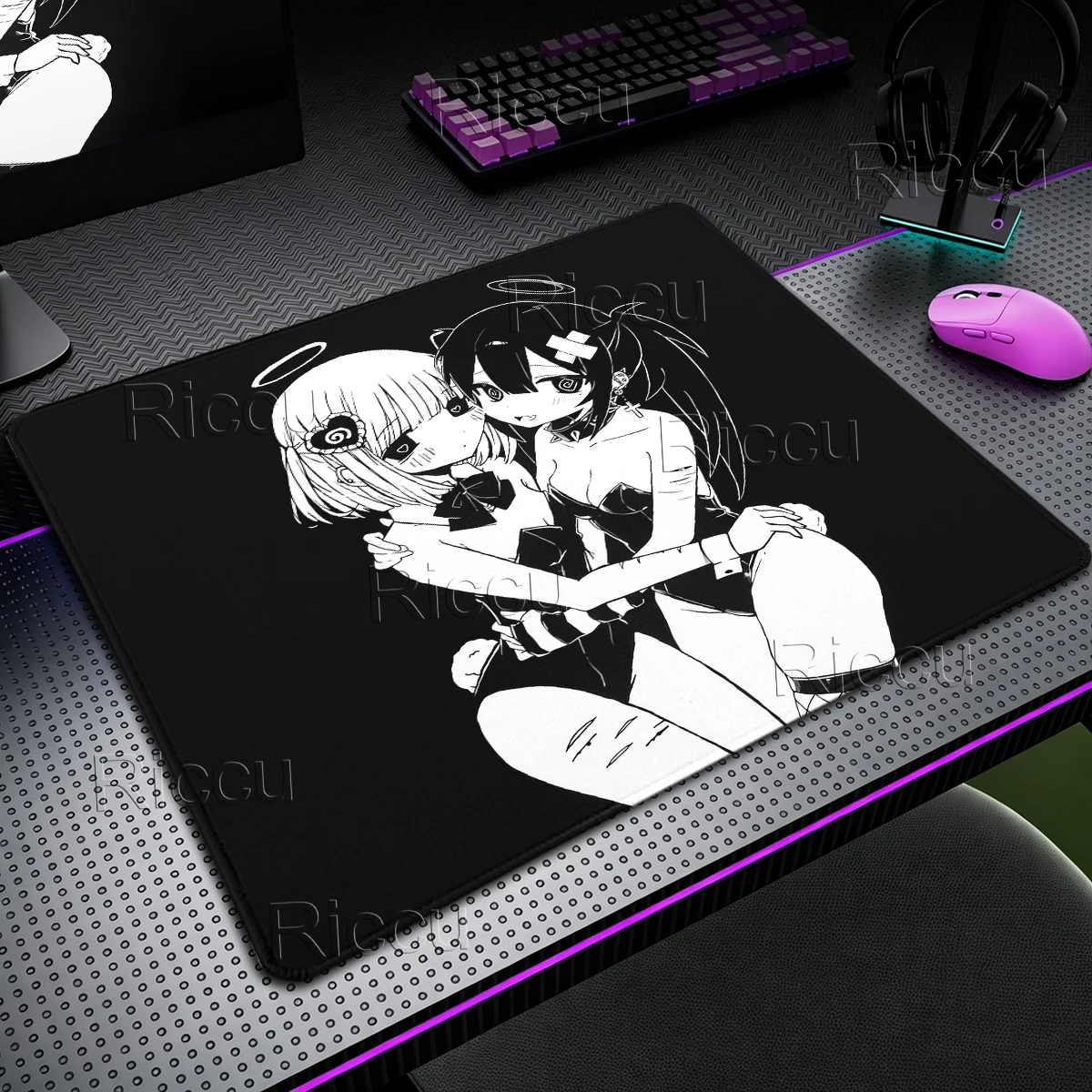 Black White Anime Girls Mouse Pad Skeleton Sword Aesthetics Desk Mat Gaming Laptop MouseMat Office Pc Accessories E-Sports Rug
