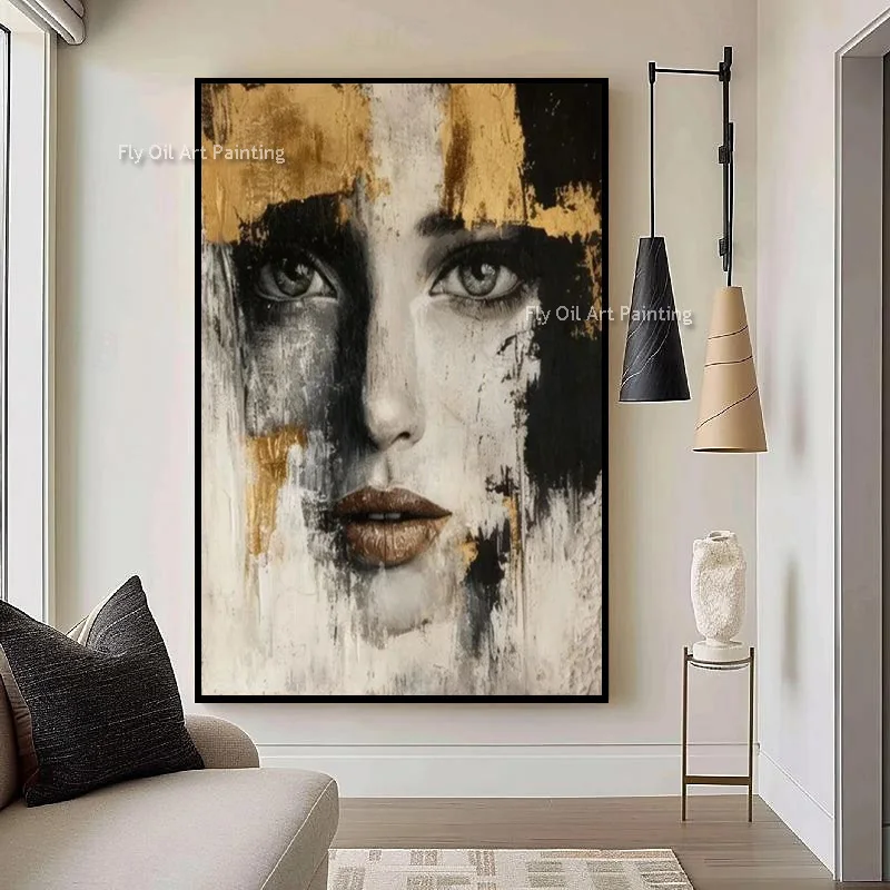 Specail Home Wall Decor Items Black And Beige Women Face Canvas Oil Painting On Canvas Handmade Gold Foil People Artwork As Gift