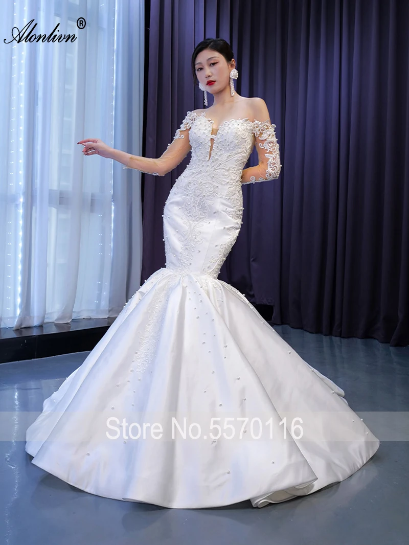 Alonlivn Real Photo ภาพลวงตาคอ Mermaid Wedding Dress ประดับด้วยลูกปัดไข่มุกเย็บปักถักร้อยลูกไม้แขนยาวทรัมเป็ตชุดเจ้าสาว