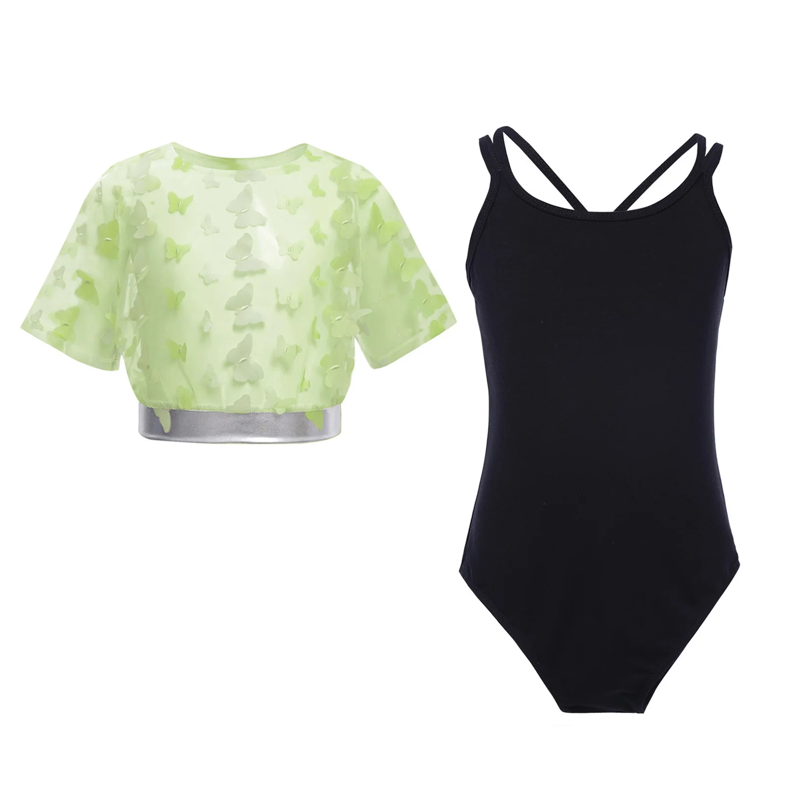 

Kids Girls Gymnastics Ballet Dance Leotard Outfits Butterfly Pattern Sheer Mesh Short Sleeve Crop Top+Bodysuit Skating Workout