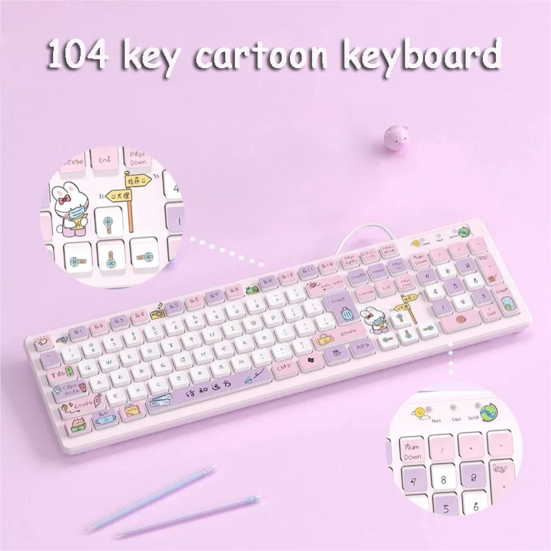 Kawaii Rabbit 104 Keys 2.4G Wireless Keyboard Mute Pink Wired Gaming Keyboard Cute Cartoon Girl Keyboard For Laptop PC Computer