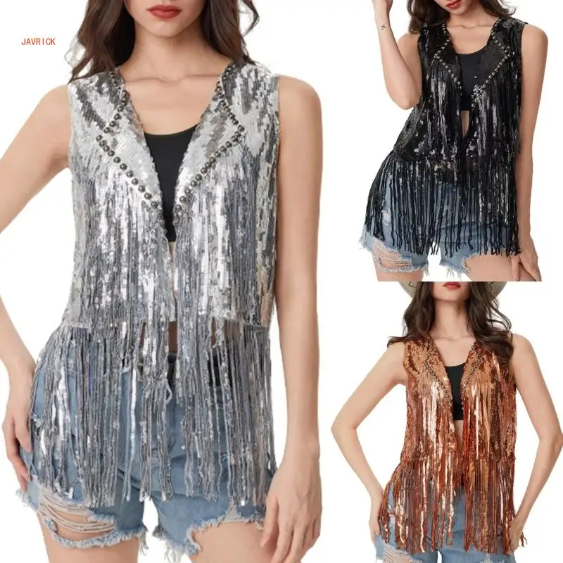 Women's Sequins Fringe Vest Jackets Glitter Top Western Cowgirl Shirt with Tassels Sleeveless Cardigan