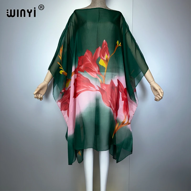 WINYI 自由奔放に生きるプリント女性の夏のファッションパーティードレスビーチウェアアフリカ女性カフタン休日視点女性ビーチカバーアップローブ