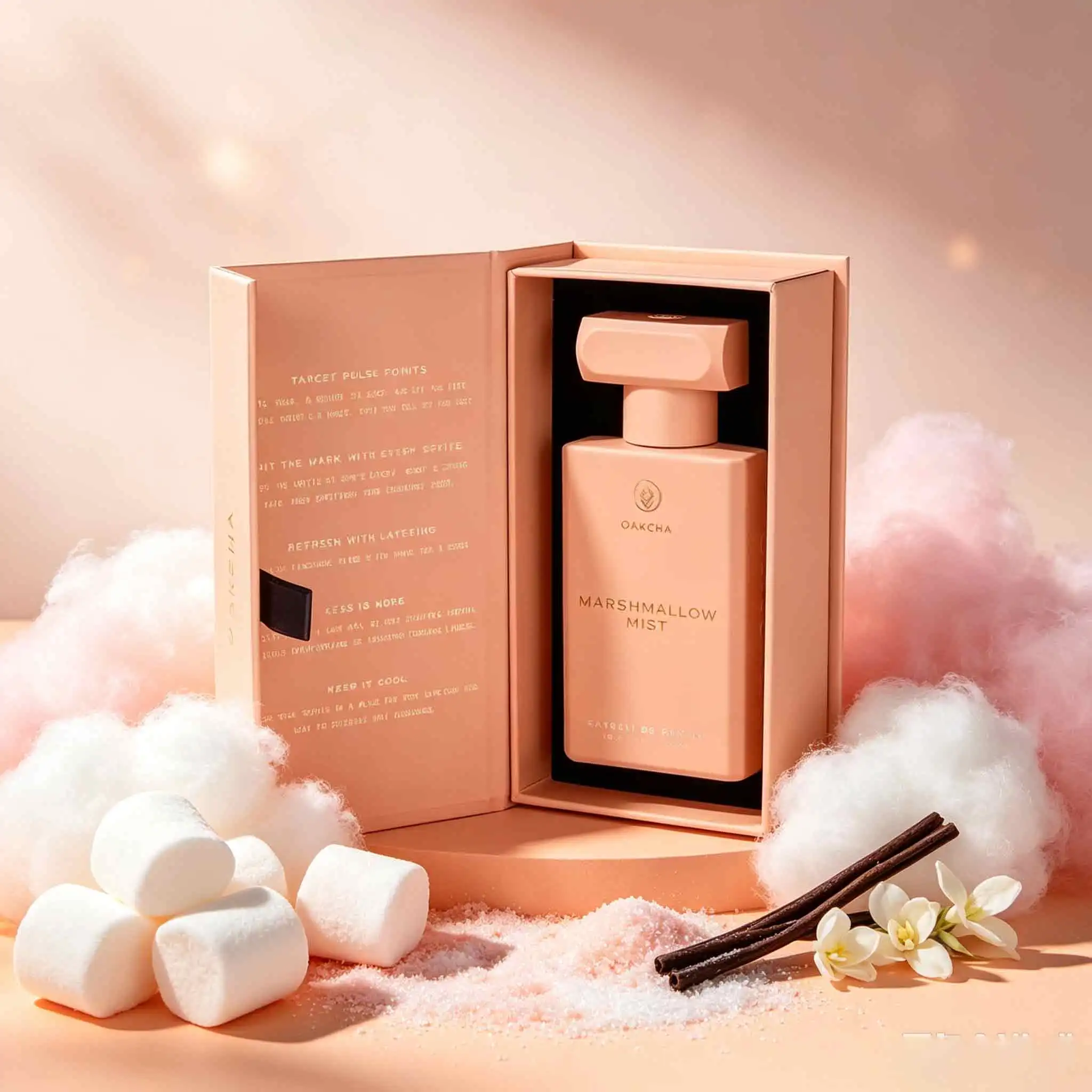 Perfume Oakcha Marshmallow Mist, 50 ml, fragancia femenina de lujo con notas de melocotón y naranja, una mezcla de melocotón intenso y notas suaves de vainilla que se combinan con un rico toque de ámbar y almizcle, capas cremosas y suaves, que realzan un sabor dulce y onírico de alta calidad.
