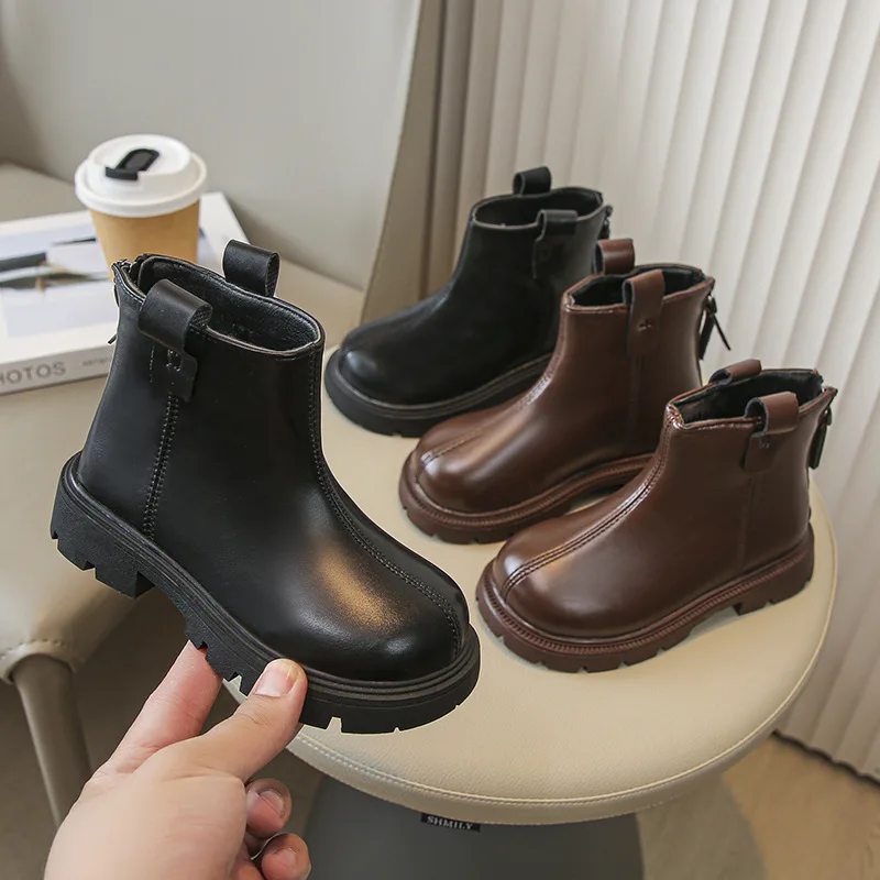 Girls Leather Boots Black Brown Children Chelsea Boots Non-slip Fashion Kids Short Boots for Boys Britain PU 2025 New Round-toe