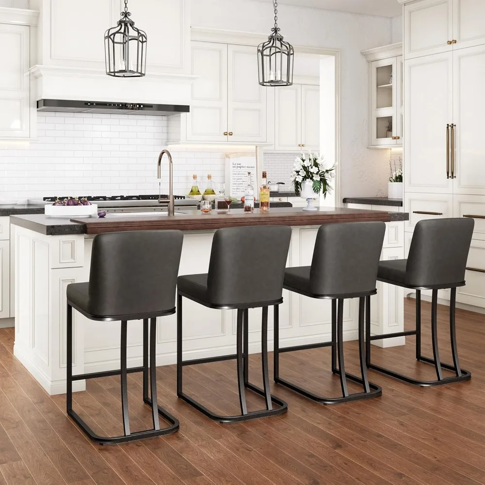 

Dark Grey Bar Stools Set of 4, Faux Leather Counter Height Chairs, Kitchen Stools for Island, 24 Inch Barstools.