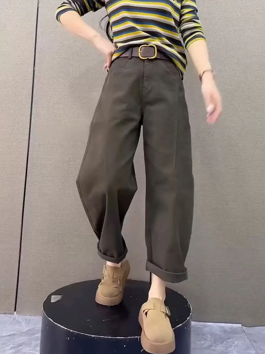 

High Waist Cotton Denim Pants Women's plus Size Casual Waed Jeans Belted Knife Long Trousers Trendy Straight Leg