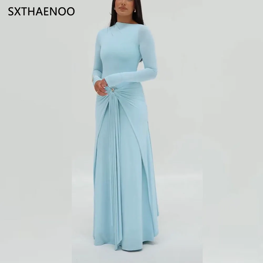 

SXTHAENOO Casual Slim Fit Commuter Dress Elegant Loop Button Design Long Dress Women's Fashion O-neck Draped Solid Party Dress