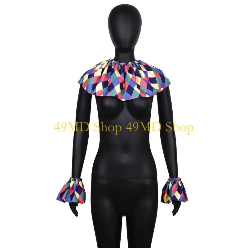 49MD Complete Colorful Clown Costume Accessories Set With Faux Collar and Wrist Cuffs For Halloween Carnivals Party Outfit