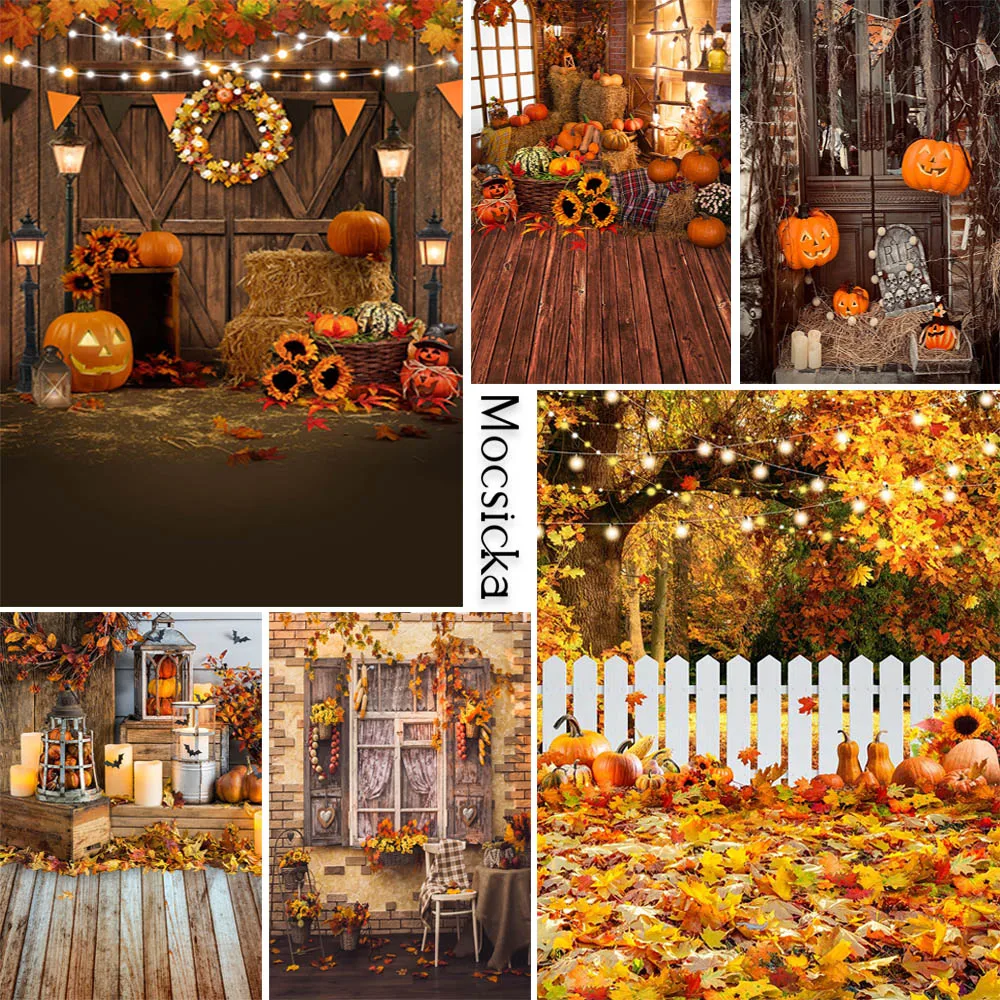 

Autumn Harvest Pumpkin Photography Backdrop Maple Leaves Sunflower Haystack Decoration Kids Portrait Photo Background Photophone