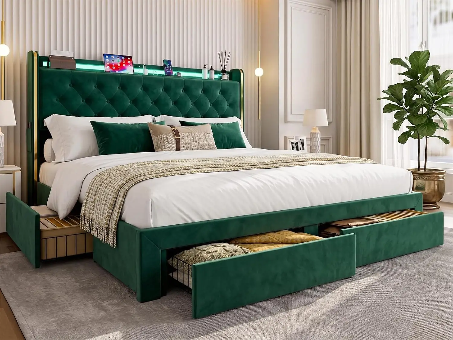Velvet California King Bed Frame with 4 Storage Drawers, Customized