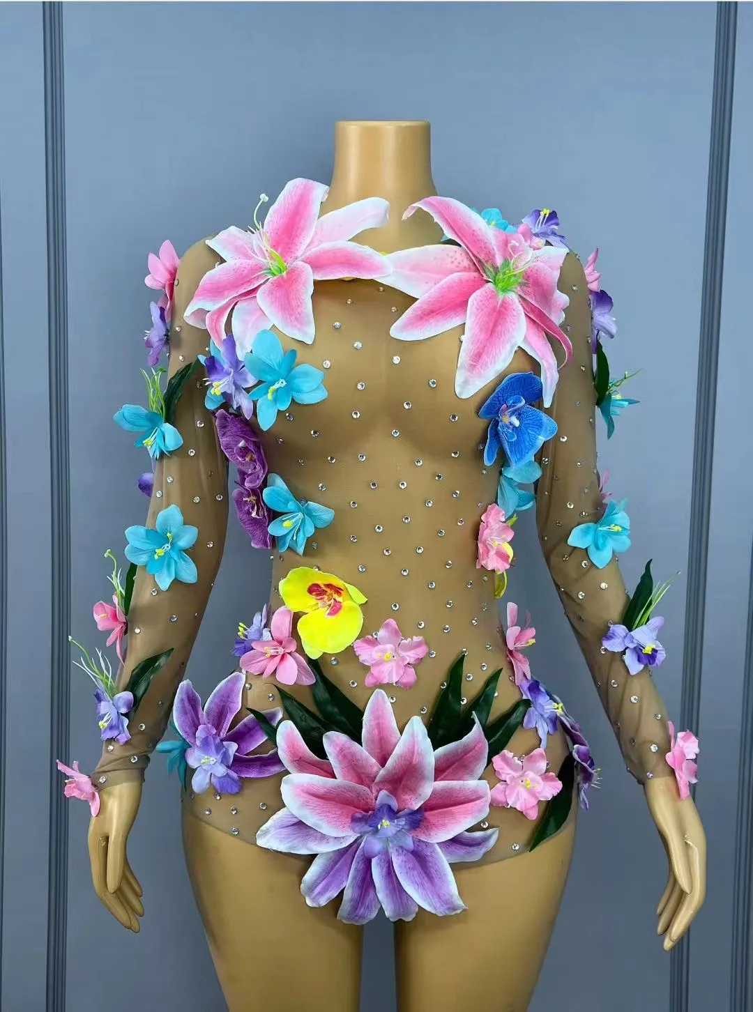 

Sparkly Rhinestones 3D Flower Nude Mesh Transparent Bodysuits Women Evening Party Birthday Nightclub Performance Stage Costume