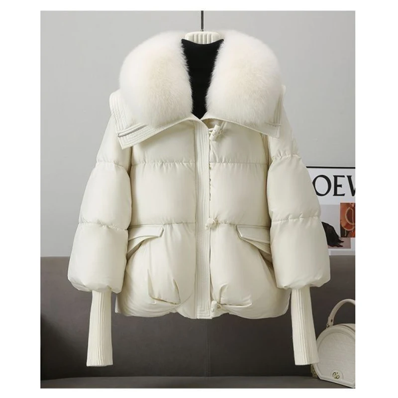 Winter Pocket Zipper Faux Fur Jacket Outerwear Female New Fur Collar Puffer Down Parka Loose Down Warmer Thicken Snow Jacket