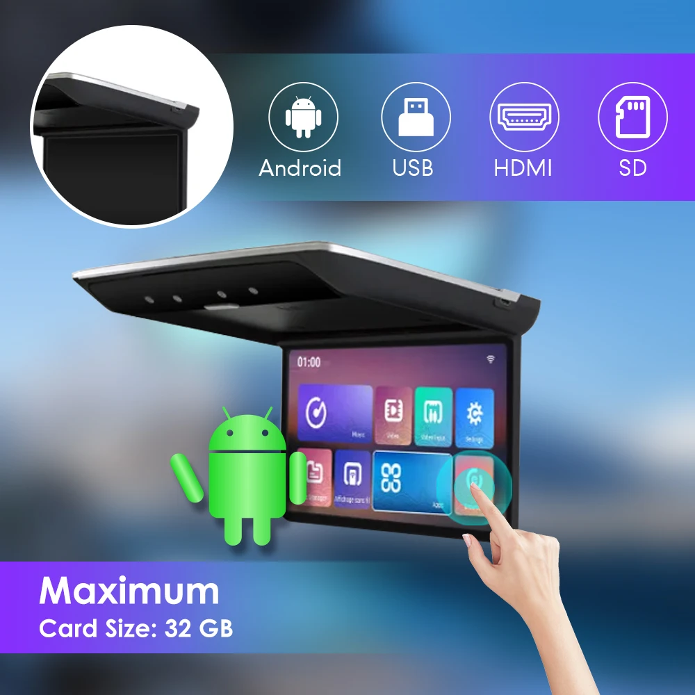 15.6” Android 10 Car Roof Monitor TV Flip Down 1080P Video HD IPS Screen SD HDMI FM Mirrorlink Video AV Input Remote Control