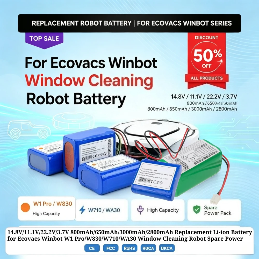 14.8/11.1/22.2/3.7V 800/650/3000/2800mAh Replacement Li-ion Battery for Ecovacs Winbot W1 Pro/W830/W710/WA30 Window Cleaning