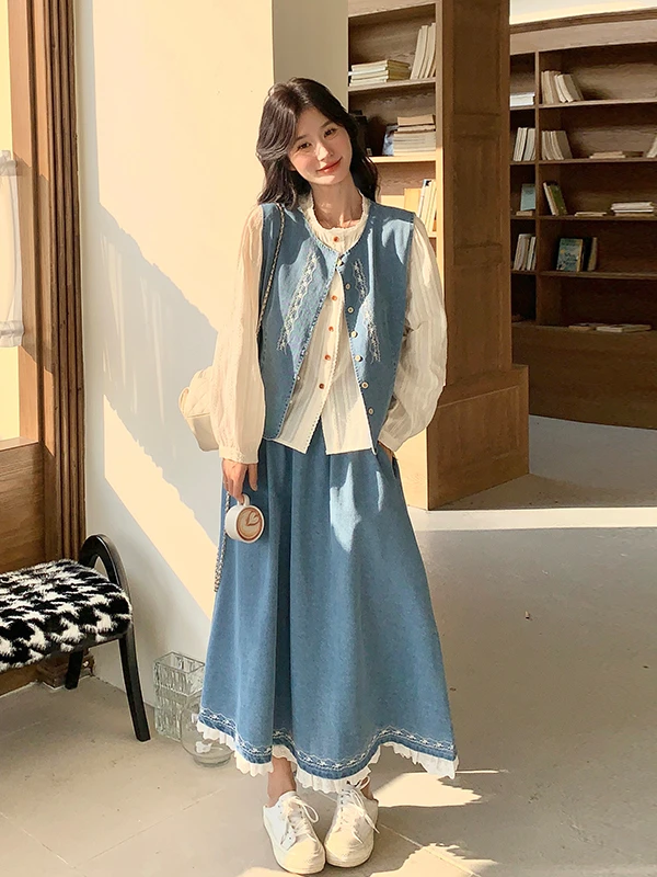 

Комплект из джинсовой юбки и жилета для женщин, весна-осень 2025, повседневный, модный, с длинной юбкой, для создания омолаживающего образа