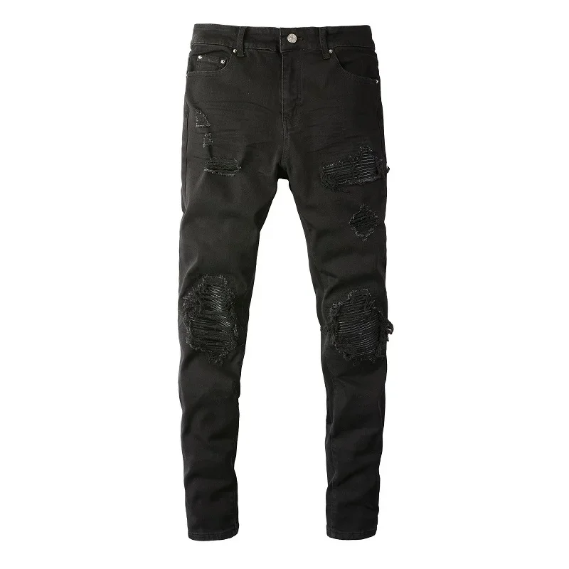 

Pop Seasons New Fashion Men's Casual Trendy Elastic Black Solid Color Skinny Jeans Pencil Pants Hole Patched Denim Trousers