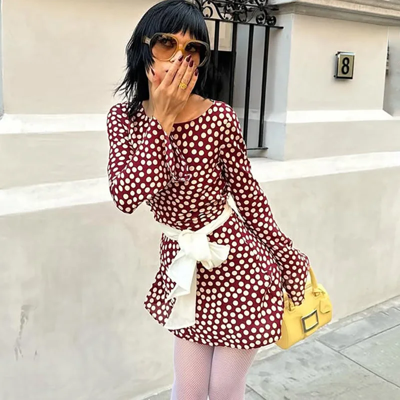 

Ticketsx Fashion Polka Dot Printed Mini Dress Vintage New Contrast Lace Up Slim Dress Autumn Female Streetwear Office Vestidos
