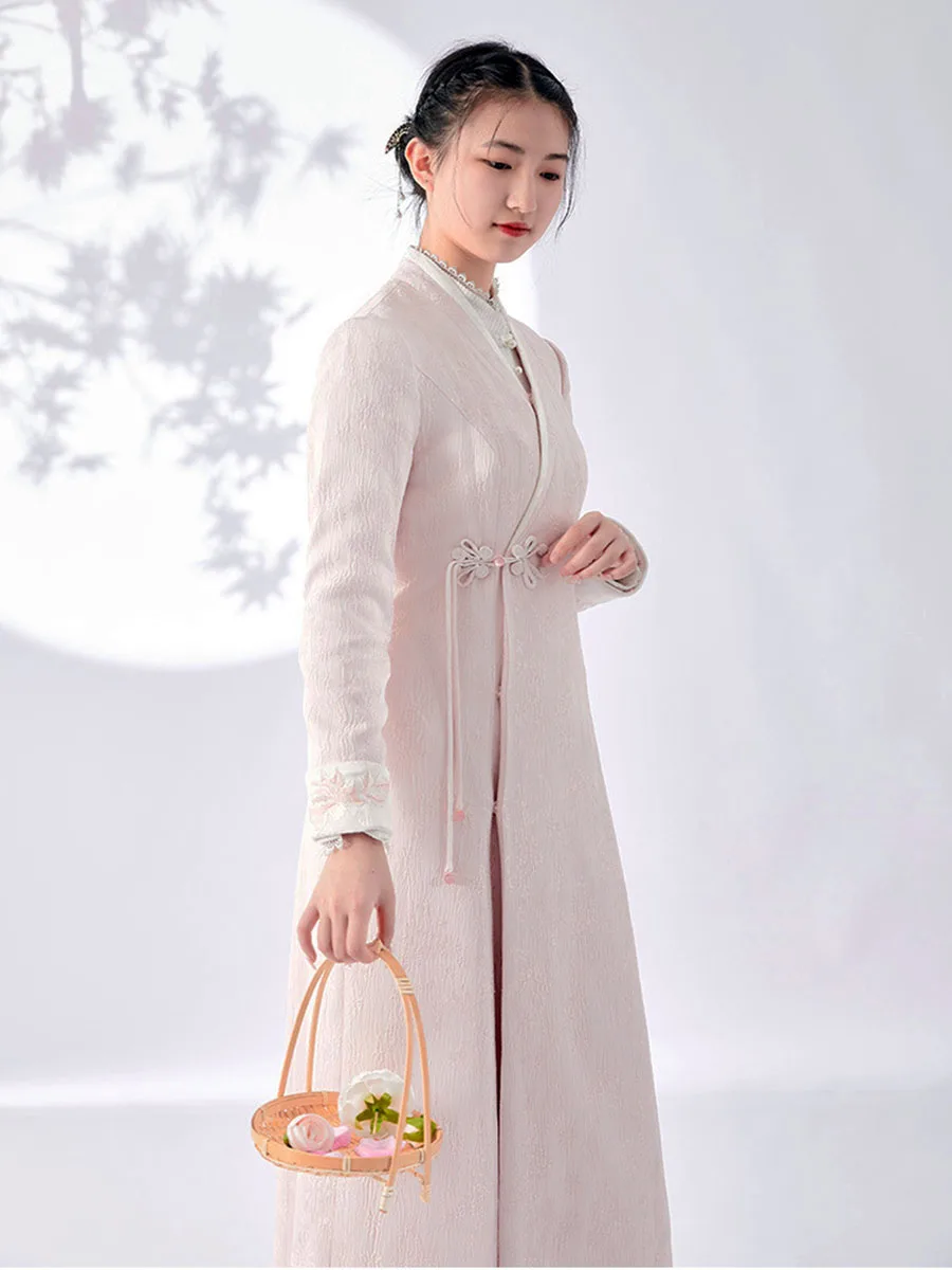 High-End Satin Jacquard Improved Hanfu Collar Tang Style Long Coat Women's Trim Waist Plus Cashmere Trench Coat Autumn Winter