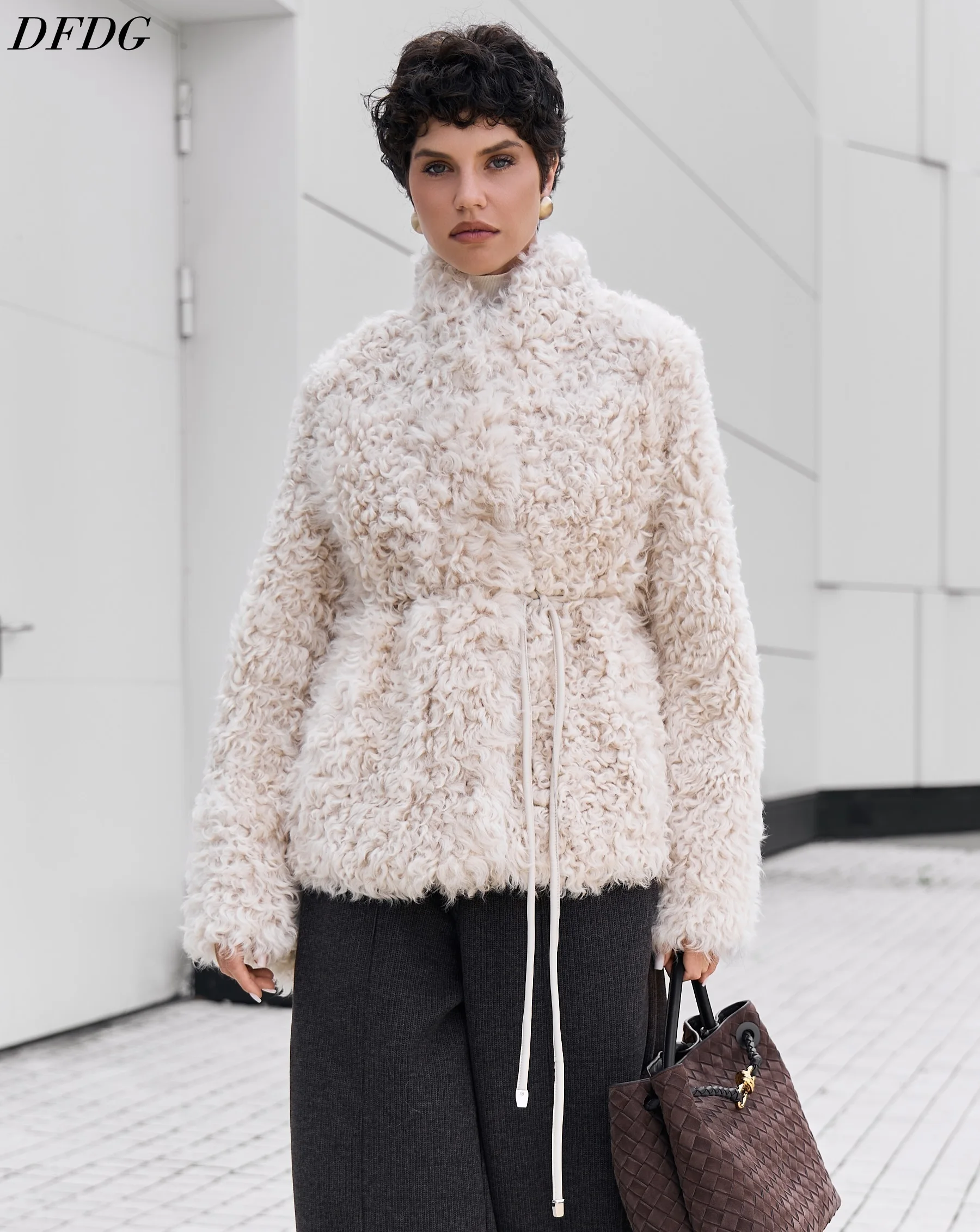 DFDG Women 2026 Curly Faux Fur Jacket High Neck Drawstring Waist Long Sleeve Thick Warm Chic Winter Party Outer Coat Fur