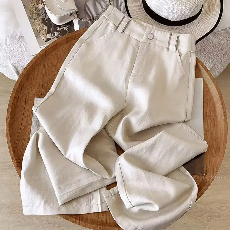 Leinenhose mit geradem Bein für Damen, Sommer-Neuheit, elastische hohe Taille, leicht fallende, leichte, verkürzte Hose