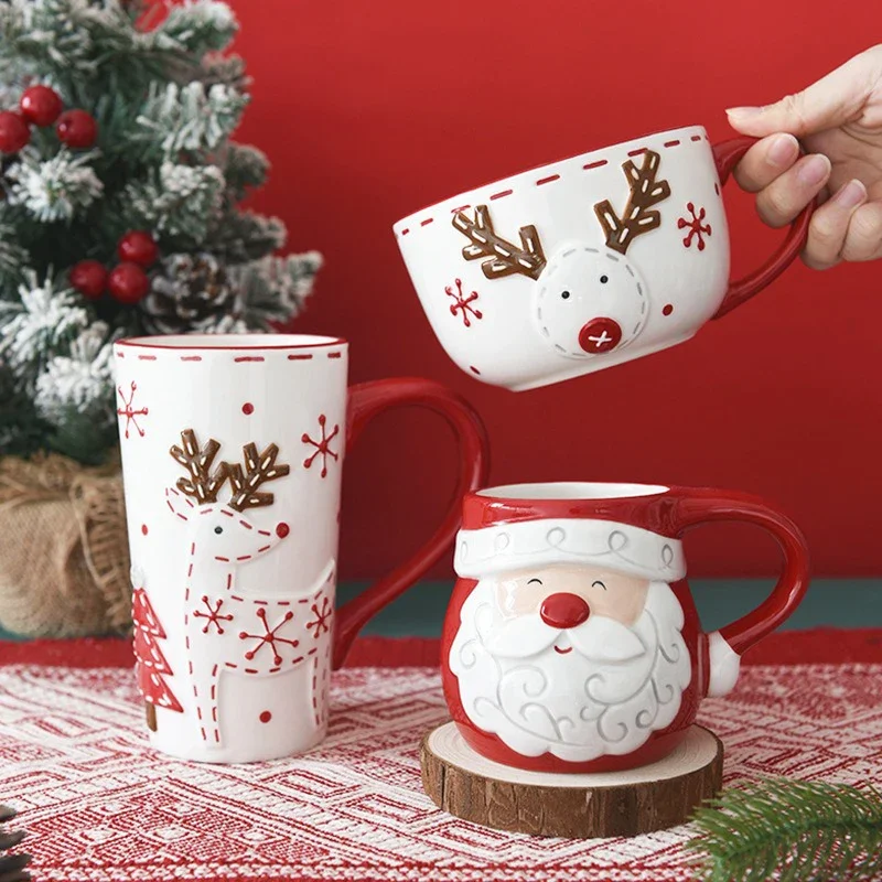 Tasse à café en relief wapiti du père Noël, tasse en céramique créative de Noël, tasses à lait de démontrent d'avoine, tasse d'eau à la maison, cadeau de Noël, petit-déjeuner