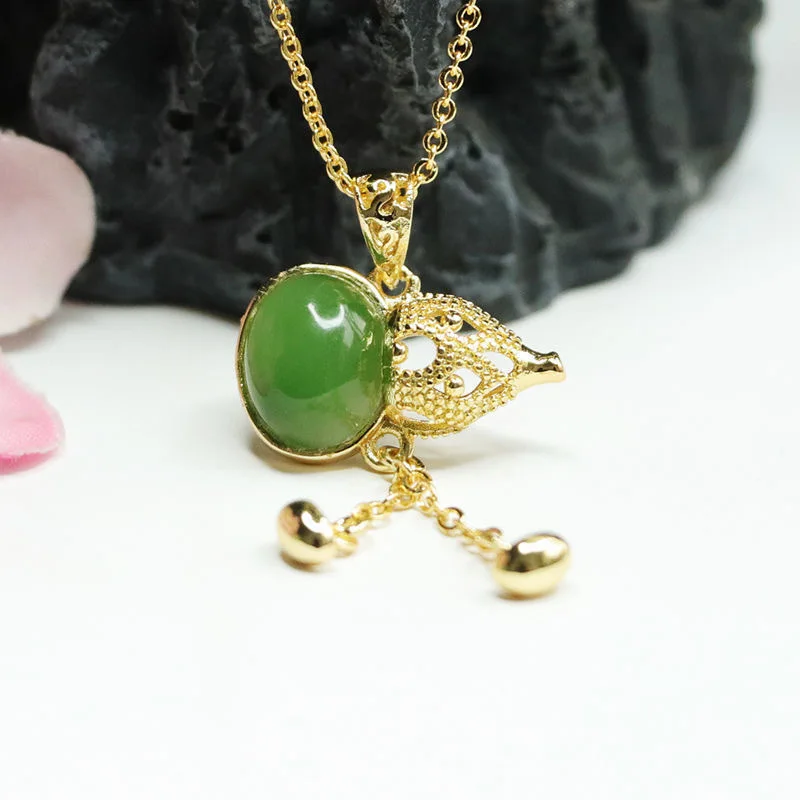 

Russian Green Hetian Jade Gourd Pendant Lucky Charm Necklace