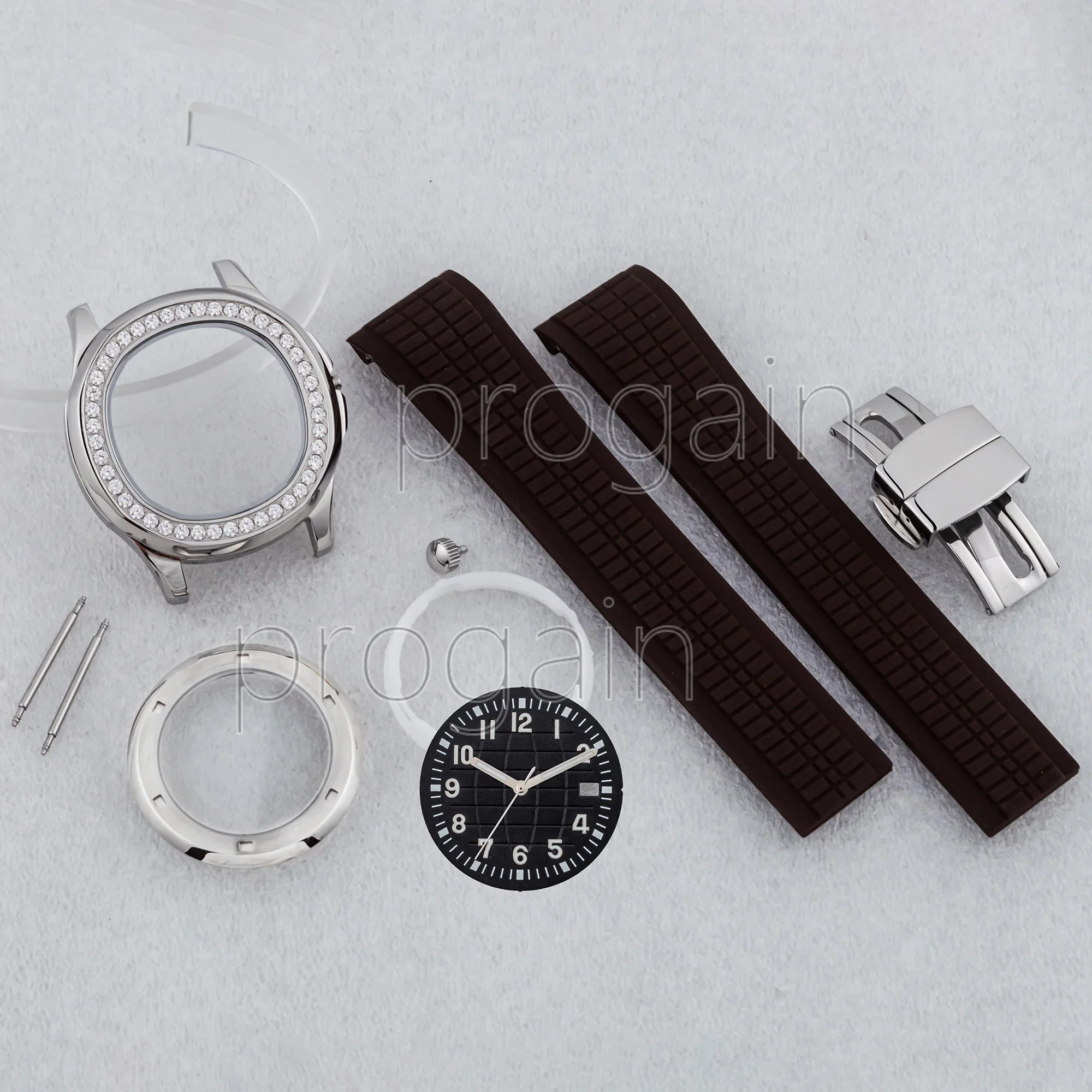 Diamond Watch Case Rubber Strap Transparent Cover for AQUANAUT Nautilus NH35 automatic Movement mod Parts Accessories