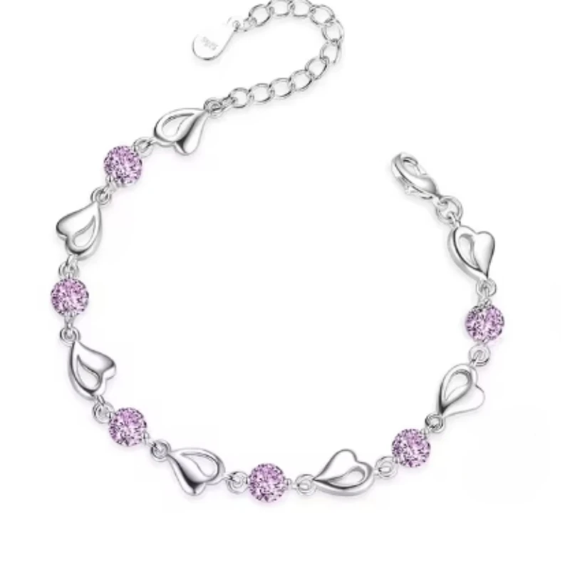 Sterling Silver Heart Shaped Bracelet for Women Vintage Purple Amethyst Bracelets Jewelry Set Party Jewelry Bangles for Women