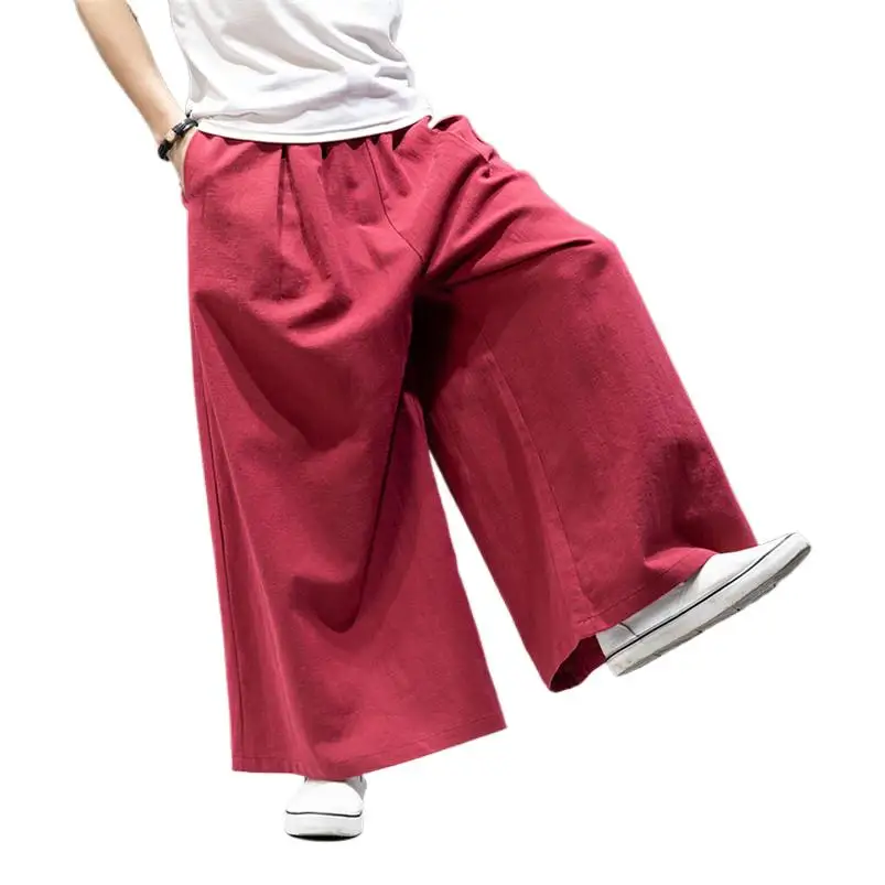 Japan Style Men Cotton Linen Long Pants  Wide Legs Loose Trousers Fashion Solid Male Casual Pants Pantalon Plus Size M-6XL 7XL