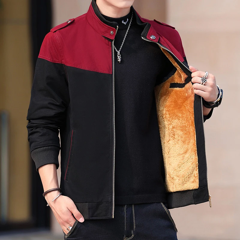 KIDWHXR Autumn Winter Men Coat Contrast Color Stand Collar Male Fleece Jacket Outdoor Casual Long Sleeve Zipper Man Outerwear